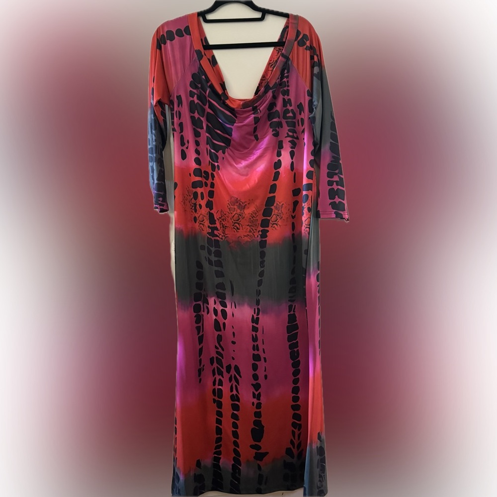 Jersey multi-color cowl-neck long-sleeve midi-length dress